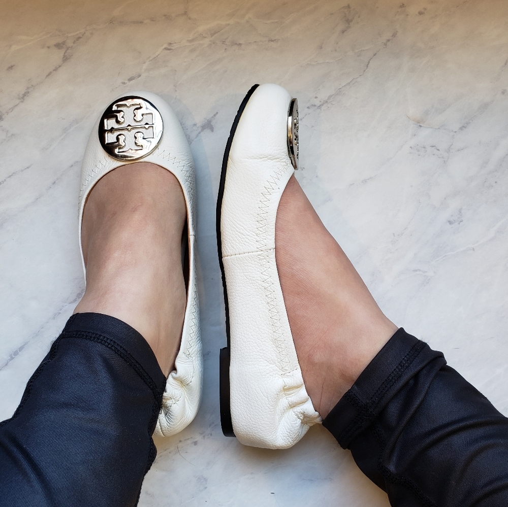 Tory Burch White and Silver Reva Ballet Flats 7.5